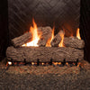 Real Fyre vented gas logs Golden Oak set, 30 inches, shown with a fire lit for a realistic fireplace look. These ceramic logs replicate oak wood with detailed textures and lifelike flames, providing both heat and ambiance in vented gas fireplaces. Ideal for indoor installations.