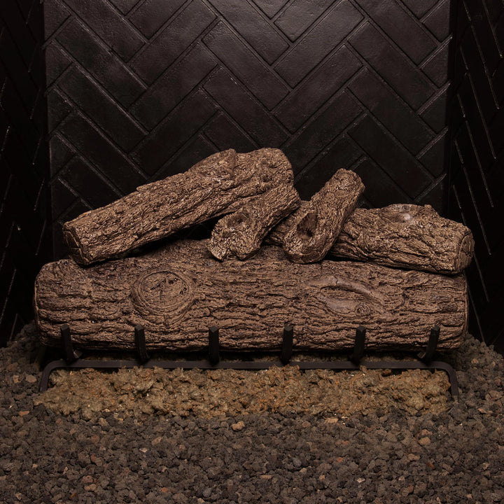 30-inch Golden Oak vented gas logs by Real Fyre, unlit, emphasizing the realistic oak grain and textures. Ideal for vented gas fireplaces, these ceramic logs provide the look of a traditional wood-burning fireplace, adding style and warmth to indoor living areas.