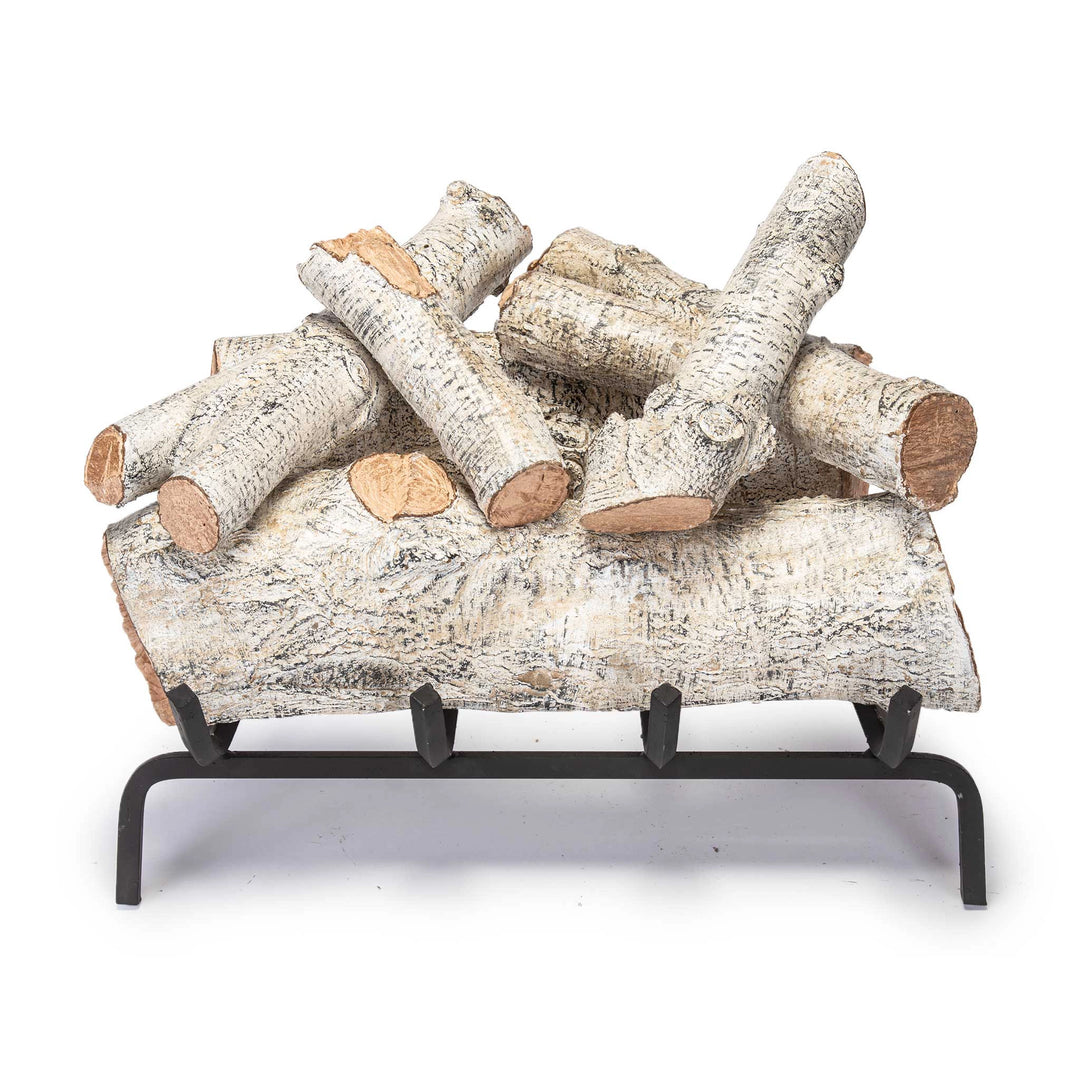 An 18-inch set of Mountain Birch vented gas logs by Real Fyre. This compact gas log set showcases realistic birch logs with intricate bark details and light, natural wood tones. Perfect for small or medium fireplaces, the logs are arranged to emulate the look of a fresh wood stack, providing an authentic wood-burning experience. Compatible with vented gas systems, this set adds a rustic touch to any fireplace setting. Ideal for cozy indoor spaces or outdoor fire features.