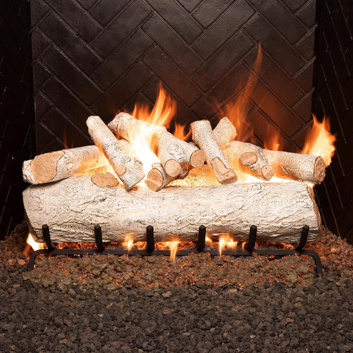 Real Fyre vented gas logs Mountain Birch set in 30 inches size, beautifully arranged in a gas fireplace with realistic flames. The high-quality logs have a textured bark finish with detailed, lifelike wood grains and end cuts. Perfect for enhancing the ambiance of your fireplace, these natural gas logs create the appearance of a traditional wood-burning fire with the convenience of gas.