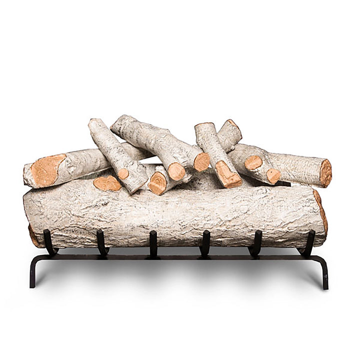 A 30-inch set of Mountain Birch vented gas logs by Real Fyre. This gas log set is carefully arranged with realistic white birch logs in a stacked formation, providing a natural wood-burning appearance. Designed for fireplaces, the logs feature detailed bark textures with exposed wood ends. Ideal for enhancing the ambiance of a living room or outdoor fireplace. Perfect for use with vented gas systems in modern or traditional homes, offering both style and warmth. 