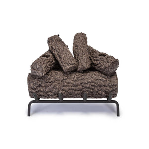Real Fyre 18-inch Post Oak vented gas logs with authentic wood texture, detailed bark patterns, and sturdy black grate, designed to enhance the look of natural gas fireplaces.