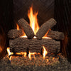 Real Fyre 18-inch Post Oak vented gas logs burning brightly with realistic flames, providing a warm and inviting ambiance for natural gas fireplaces with traditional aesthetics.