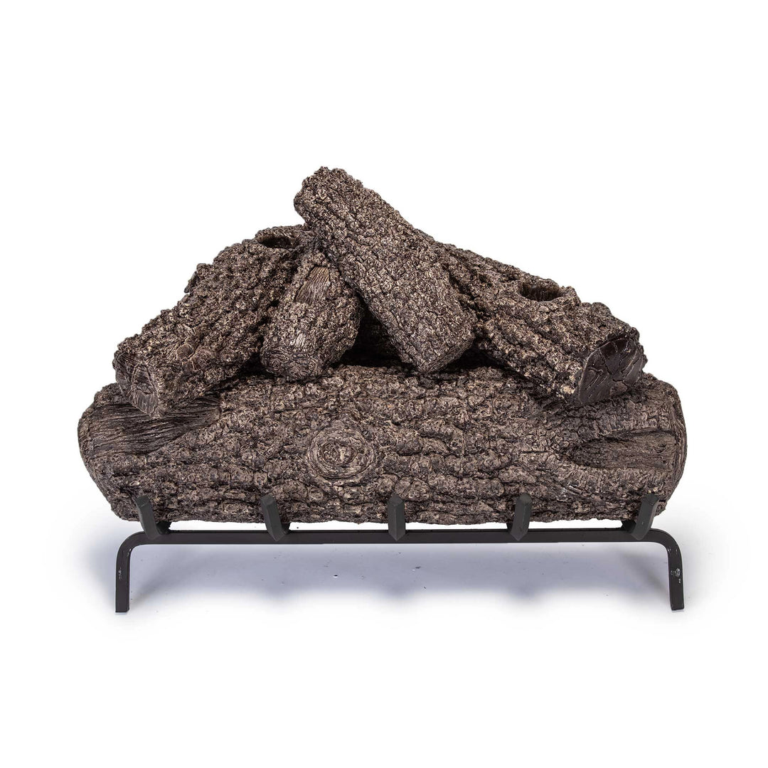 Real Fyre 24-inch Post Oak vented gas logs with lifelike bark detailing and durable black grate, providing a classic wood-burning aesthetic for natural gas fireplaces.