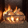 Vented Gas Logs Split Oak by Real Fyre 24-inch fire lit display, highlighting a lifelike oak log appearance with dancing flames. This vented gas log set fits beautifully in most standard fireplaces, providing a warm and cozy ambiance. Designed to replicate real split oak logs while offering clean-burning efficiency for natural gas fireplaces