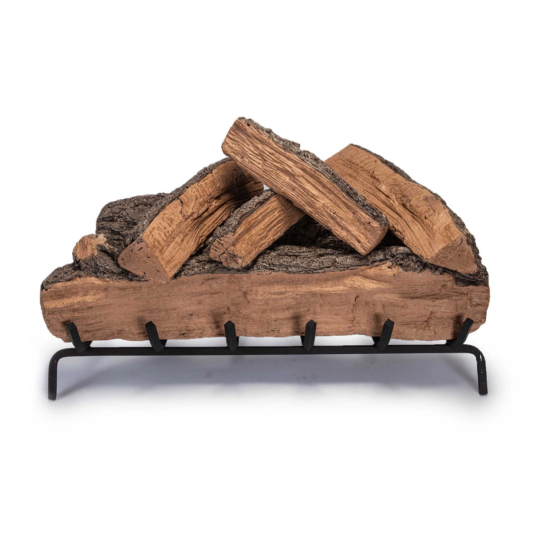 Vented Gas Logs Split Oak by Real Fyre 30-inch silo view, displaying a stack of finely crafted oak logs designed for gas fireplaces. This vented log set mimics the natural texture of real oak wood, offering a rustic, authentic look. Ideal for homeowners looking to replace traditional wood-burning setups with a clean and efficient gas alternative.