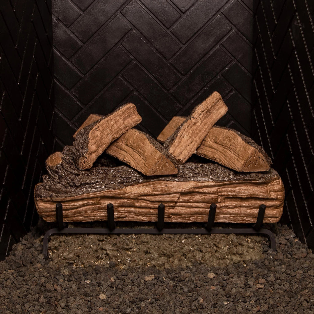 Vented Gas Logs Split Oak by Real Fyre in a 30-inch unlit arrangement inside a fireplace. The log set mimics the natural look of split oak with realistic bark and wood textures, perfect for creating a traditional fireplace setting.