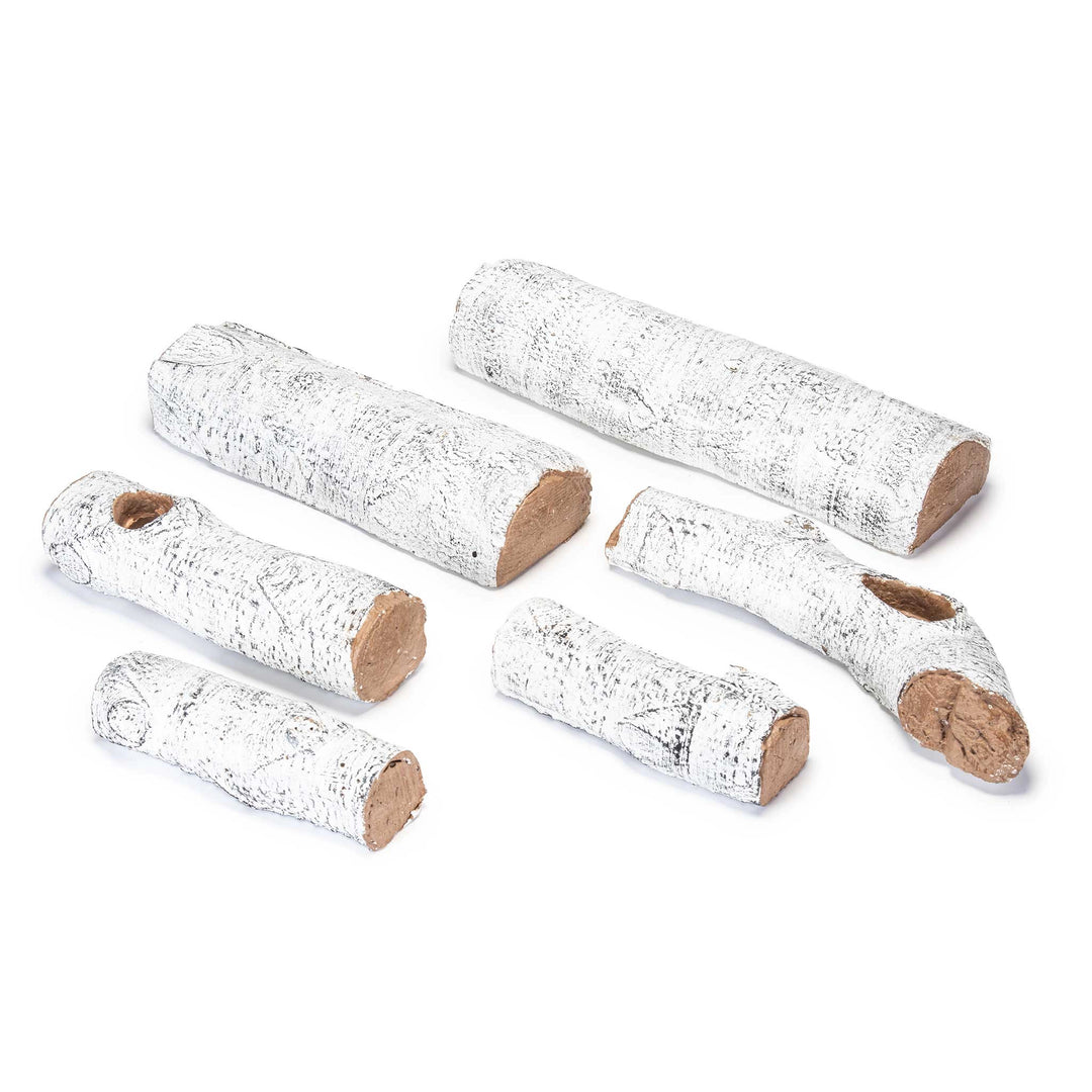 Disassembled 18-inch Real Fyre vented gas logs White Birch set. Includes detailed white birch logs with bark texture, ideal for creating a custom fireplace setup.