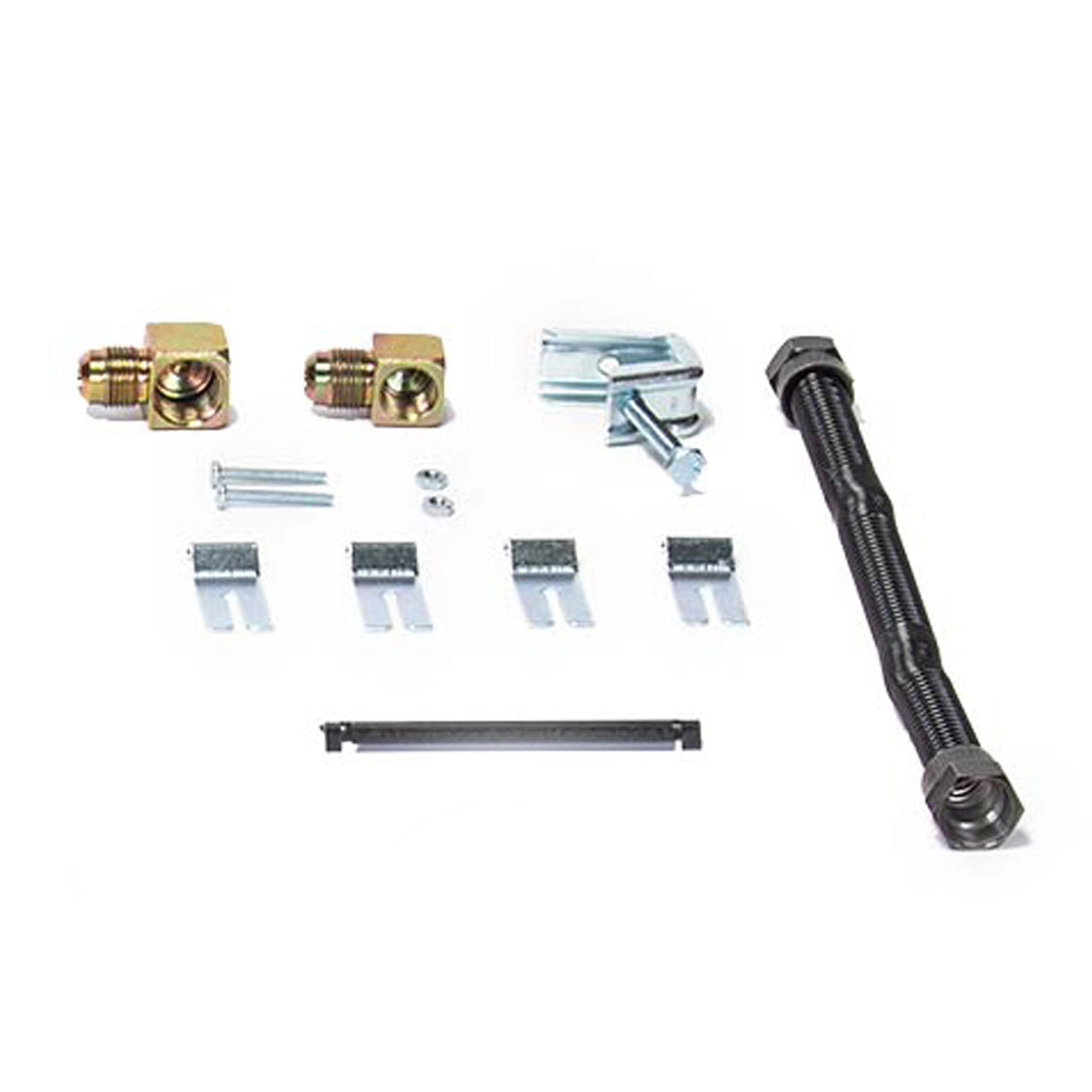 Real Fyre Vented GX45 Fireplace Burner accessory parts, including brass fittings, mounting brackets, and flex connector for easy installation. This image details all necessary components needed to secure the burner and ensure safe operation. Suitable for both natural gas and propane fireplace setups.