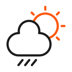 Icon showing a cloud with rain and the sun, symbolizing weather resistance and outdoor durability.