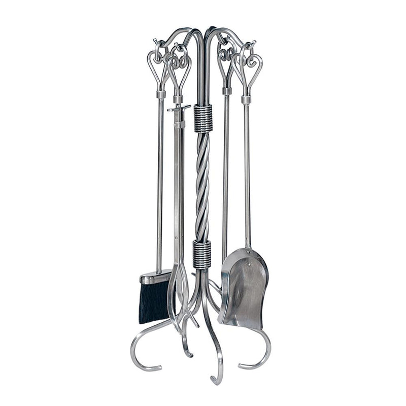 5 Piece Pewter Wrought Iron Fireset with Heart Handles and Tampico Brush - Starfire Direct