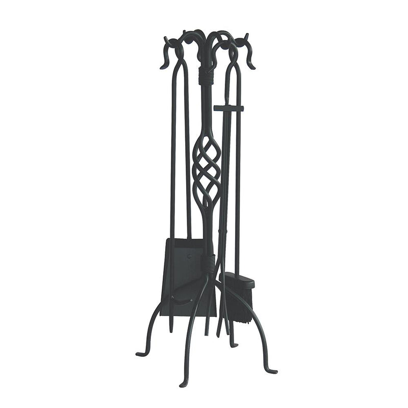 5 Piece Black Wrought Iron Fireset with Center Weave - Starfire Direct