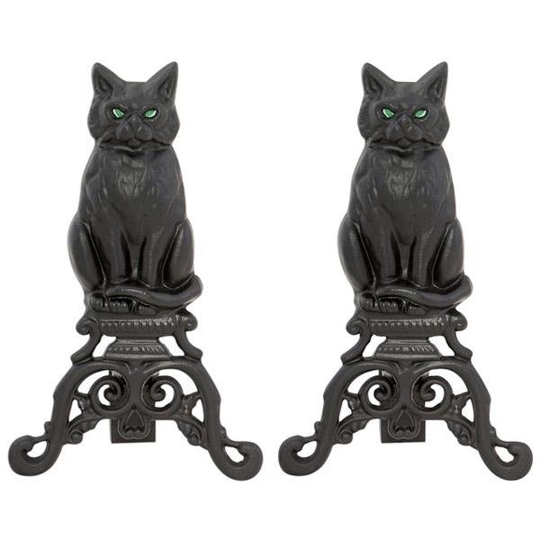 Black Cast Iron Cat Andirons with Reflective Glass Eyes
