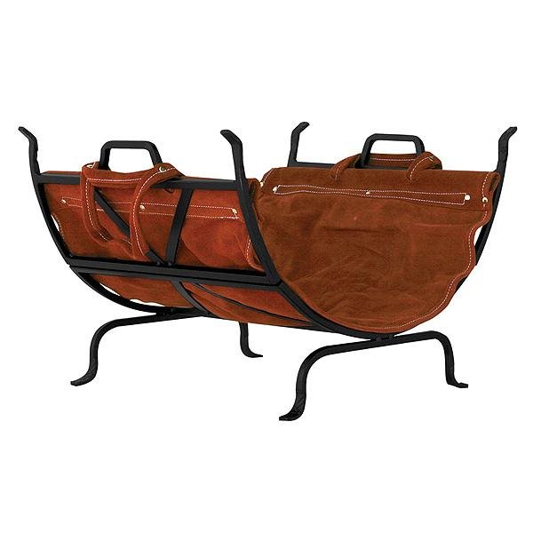 Black Wrought Iron Log Holder with Leather Carrier