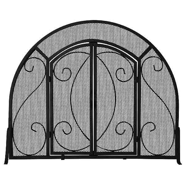 Single Panel Black Wrought Iron Ornate Screen with Doors - Starfire Direct