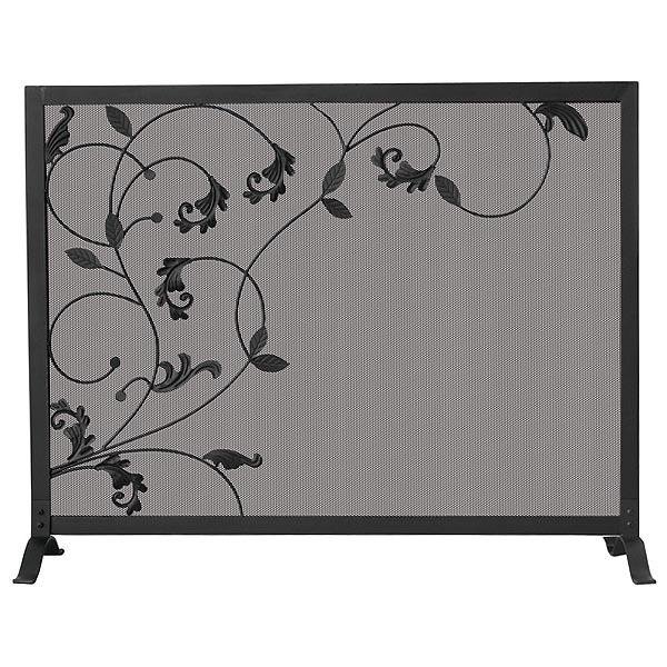 Single Panel Black Wrought Iron Screen with Flowing Leaf Design - Starfire Direct